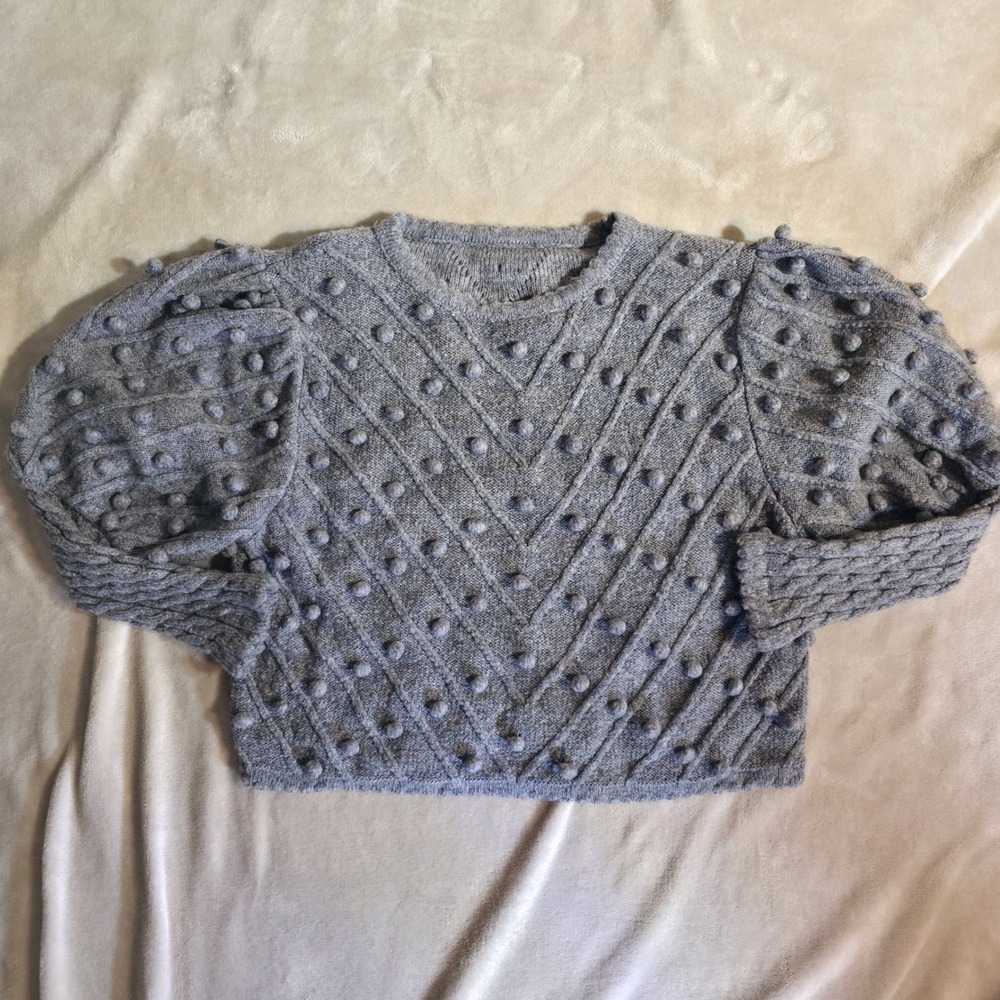 Cottagecore Boho Gray Bobble Knit Puff Sleeve Sweater M Popcorn Chevron Pullover